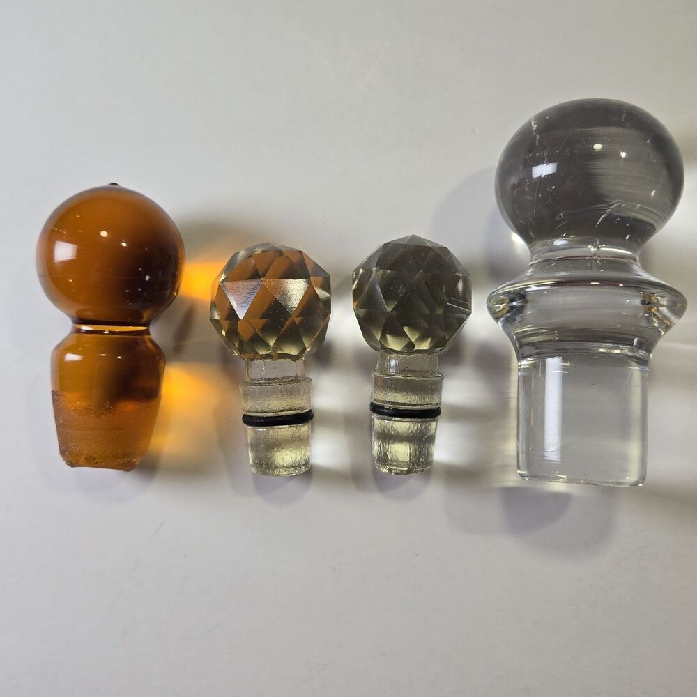 Vintage Glass Crystal Decanter Bottle Stoppers Lot of 4 Clear Amber Faceted